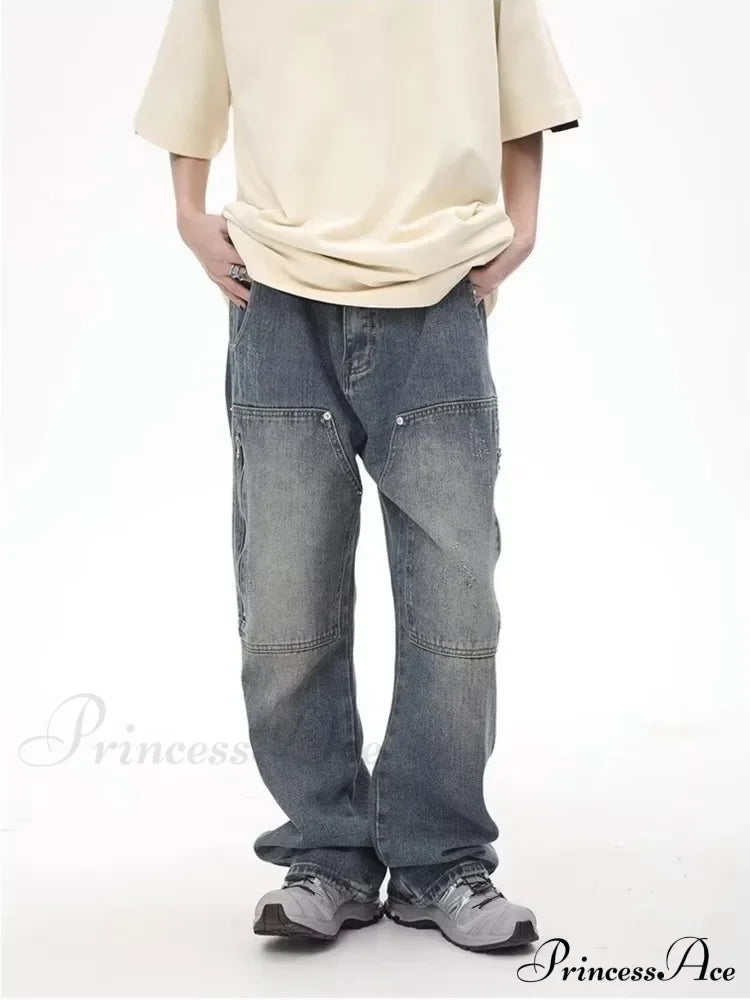 High Street Fashion Brand Made Old Wash Zipper Pocket Woodcut Vintage Loose Straight Leg Jean Blue