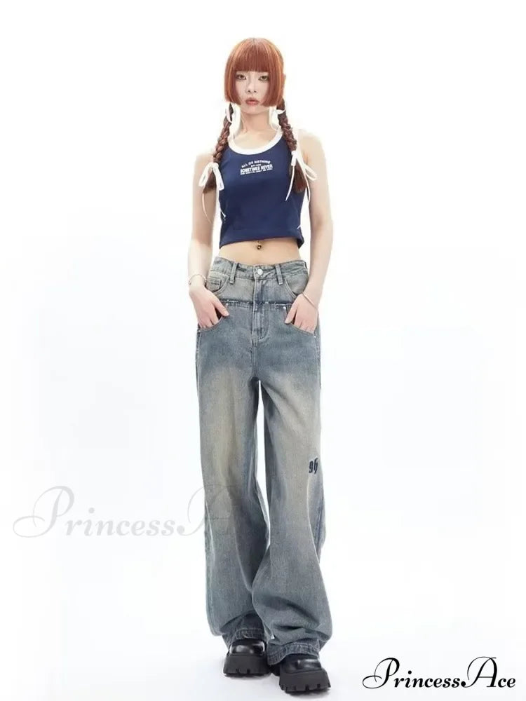 High Street Niche Design Wide Leg Washed For Men And Women Straight Tube Loose Fitting Retro Pants