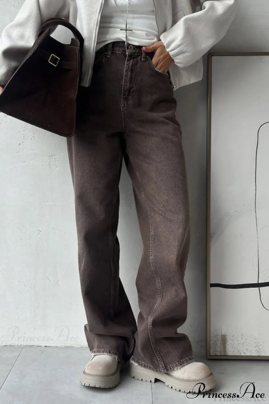 High Waisted Brown Straight Leg Jeans Brown / S