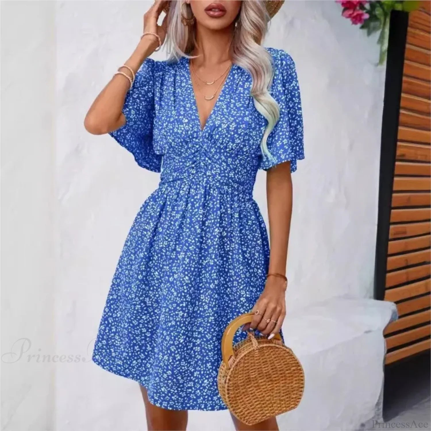 High Waisted V-neck Pleated Floral Dress oldfloraldress-250126