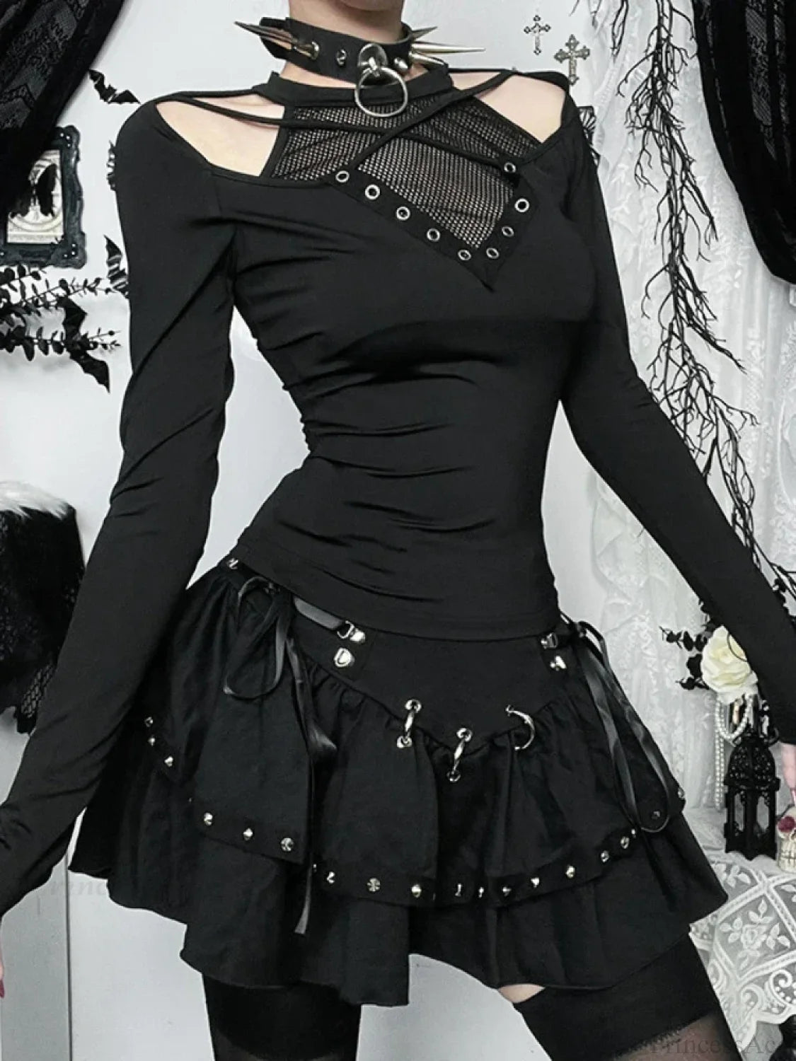 Hollow Mesh Patchwork Knit Top Black / XS