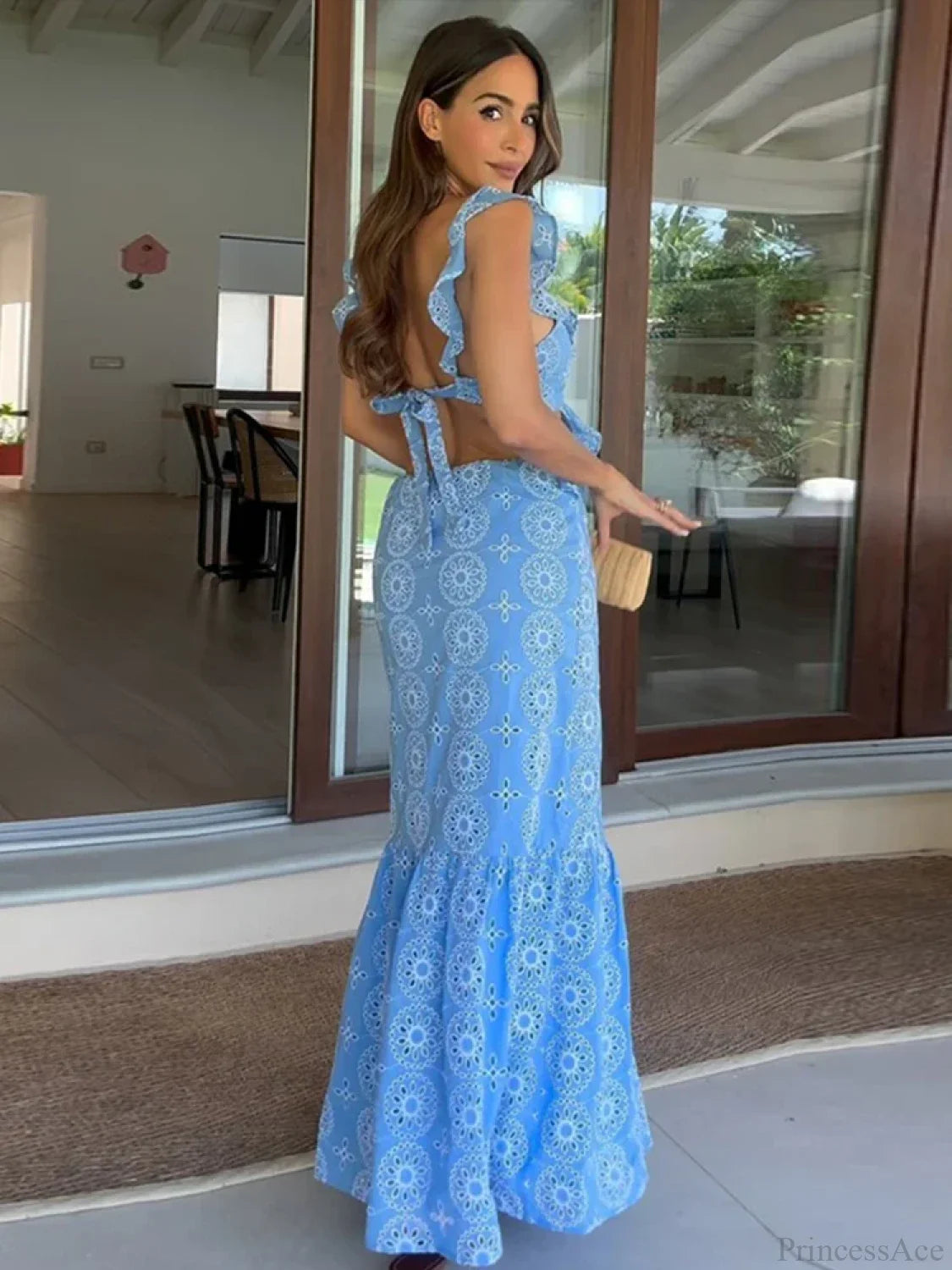 Hollow Out Embroidery Backless Ruffle Maxi Dress floraldress-250126