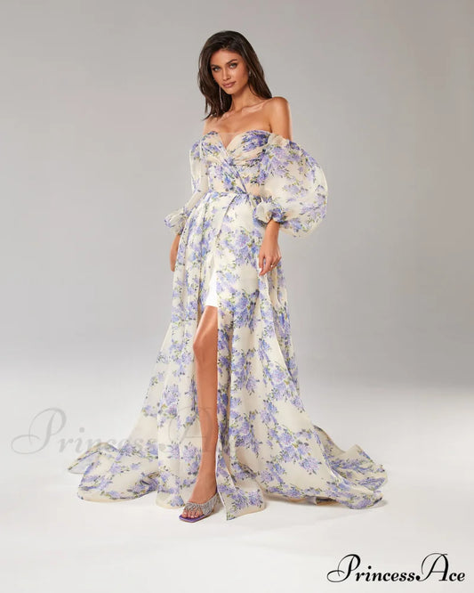 Hydrangea Elegant Floral Charming Puff Sleeve Maxi Dress