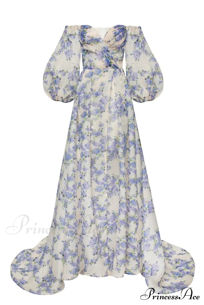 Hydrangea Elegant floral puff sleeve maxi dress - Milla