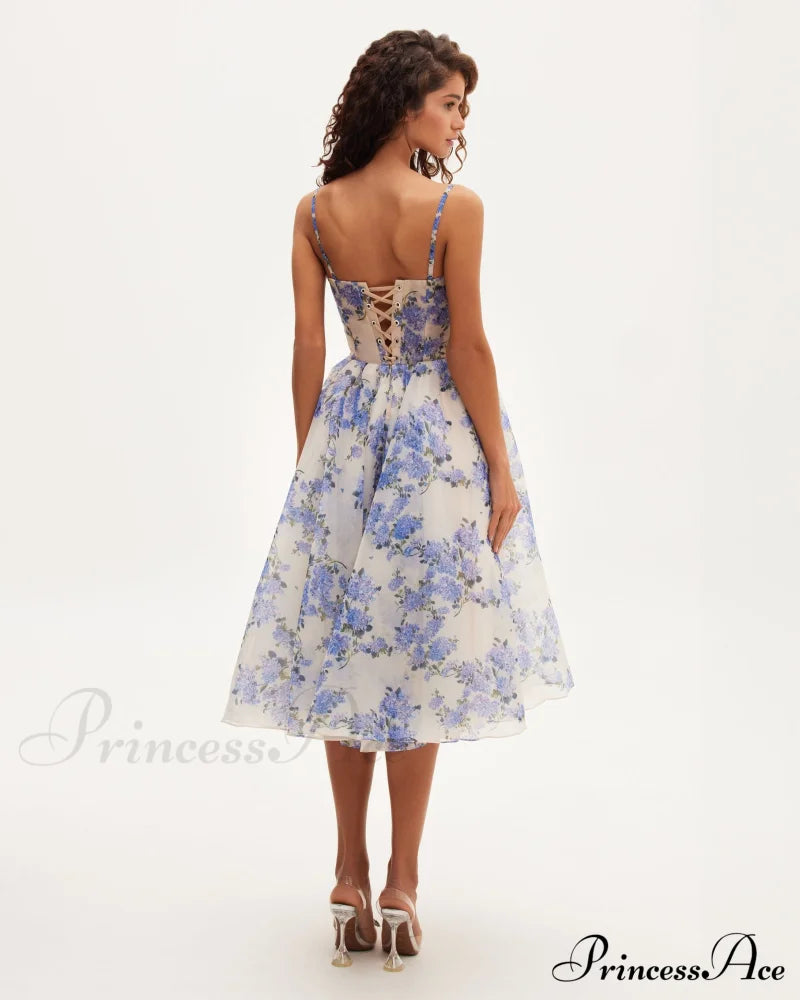 Hydrangea Spaghetti Stylish Strap Midi Dress