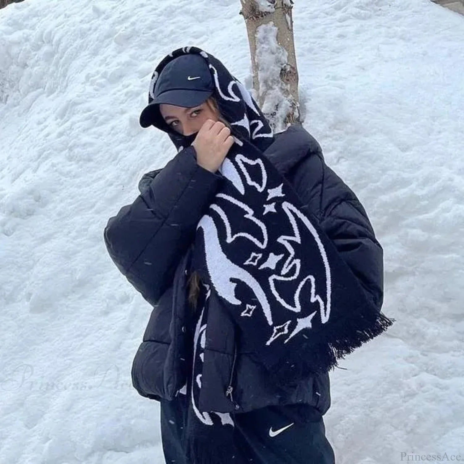 Irregular Pattern Jacquard Y2K Gothic Grunge Tassel Scarf Scarfs-L