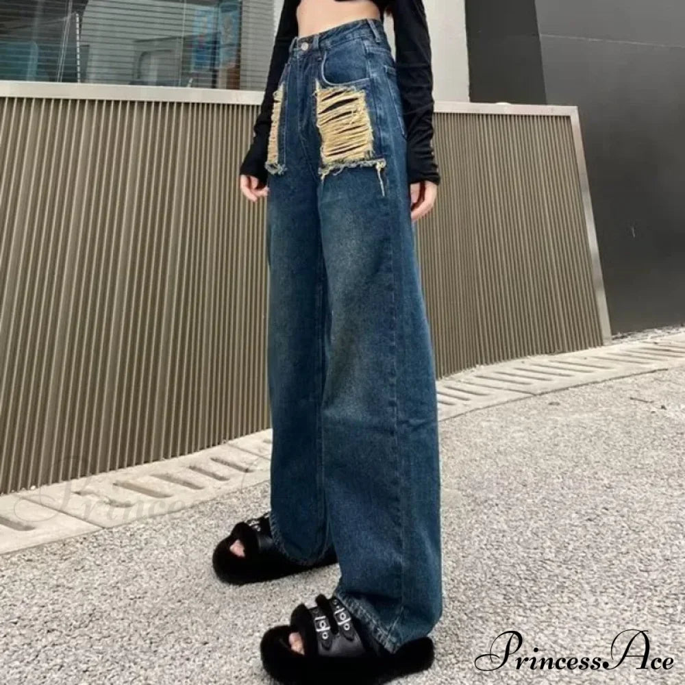 Irregular Perforated American Vintage High Waist Slim Design Floor Dragging Jean