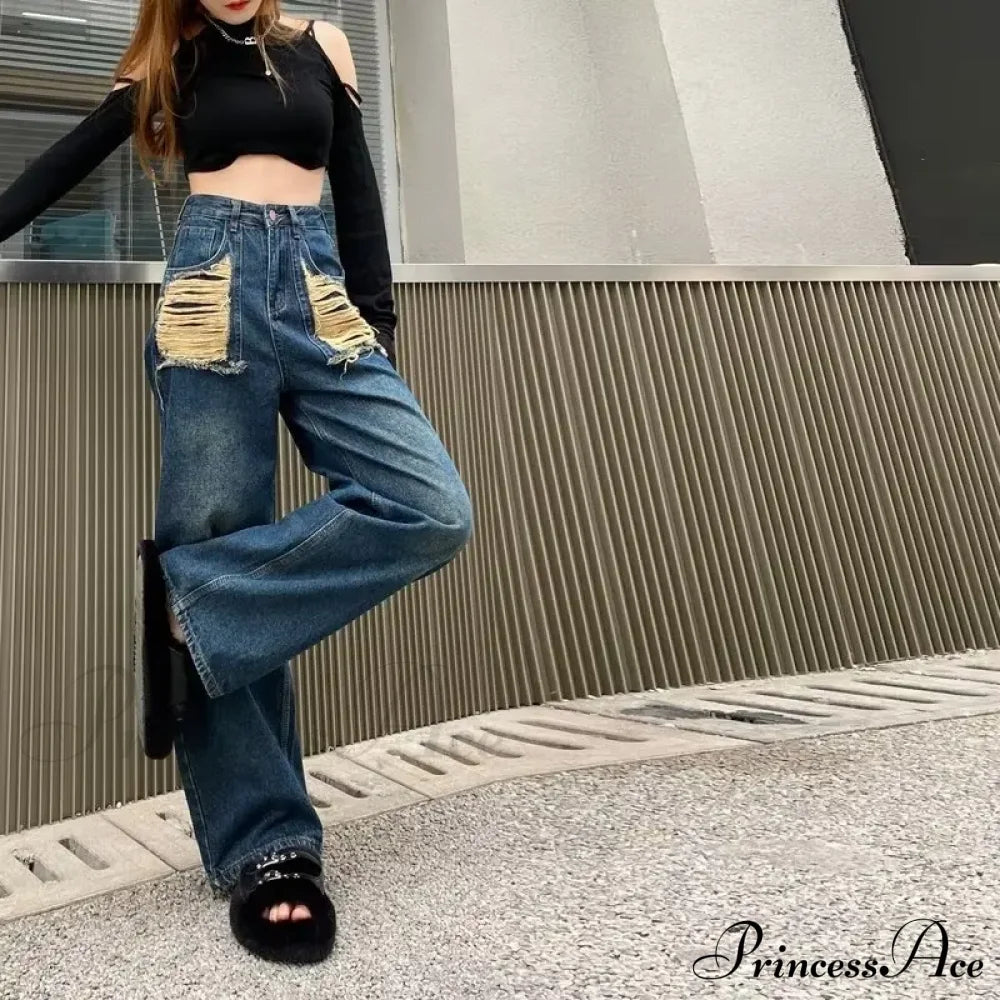 Irregular Perforated American Vintage High Waist Slim Design Floor Dragging Jean