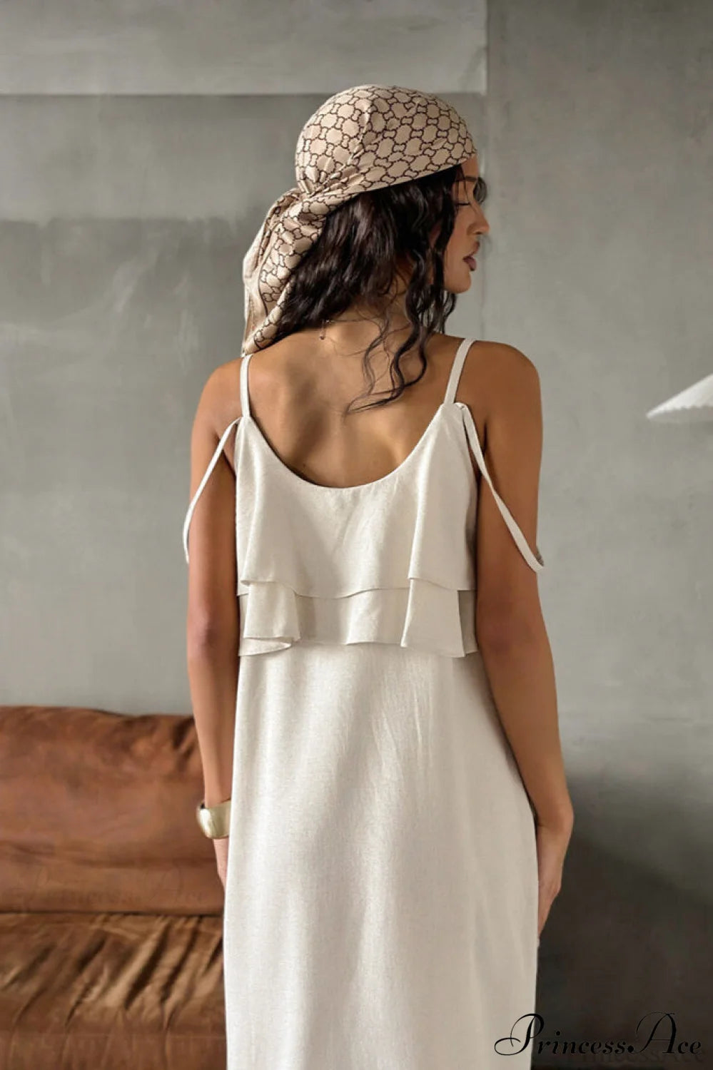 Khaki Linen Cami Ruffled Round Neck Maxi Dress