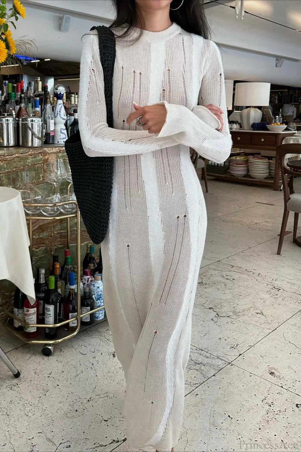 Knit Distressed Slim Maxi Dress White / S