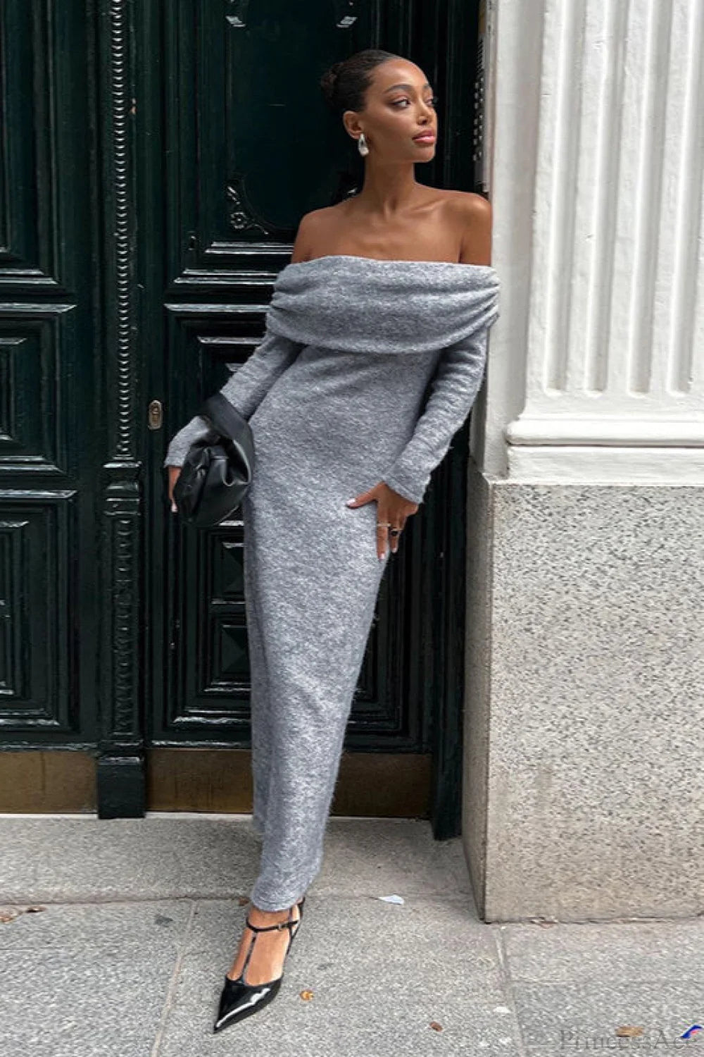 Knit Fitted Off Shoulder Long Sleeve Maxi Dress