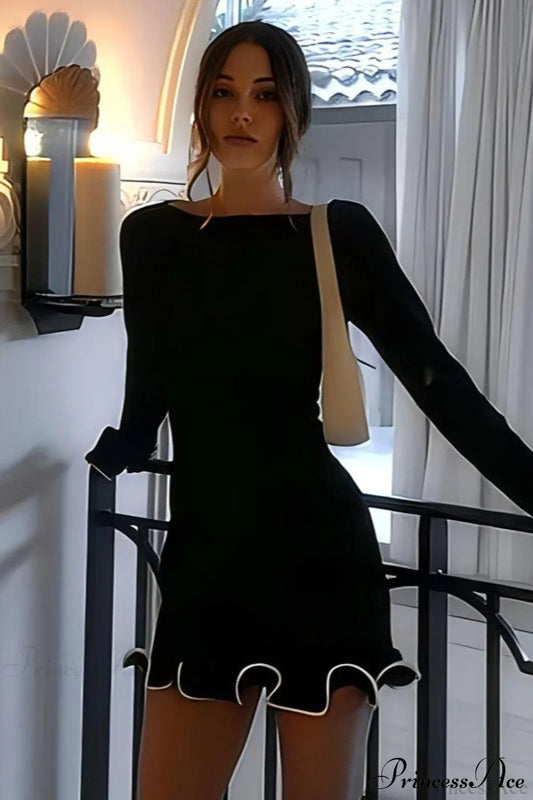 Knitted Ruffled Tight Long Sleeve Mini Dress Black / XS