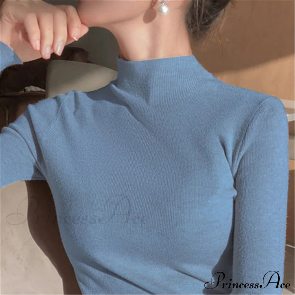 Knitted Turtleneck Pullovers Top Blue / One Size