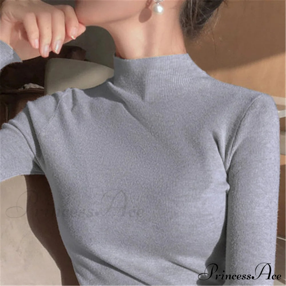 Knitted Turtleneck Pullovers Top Gray / One Size