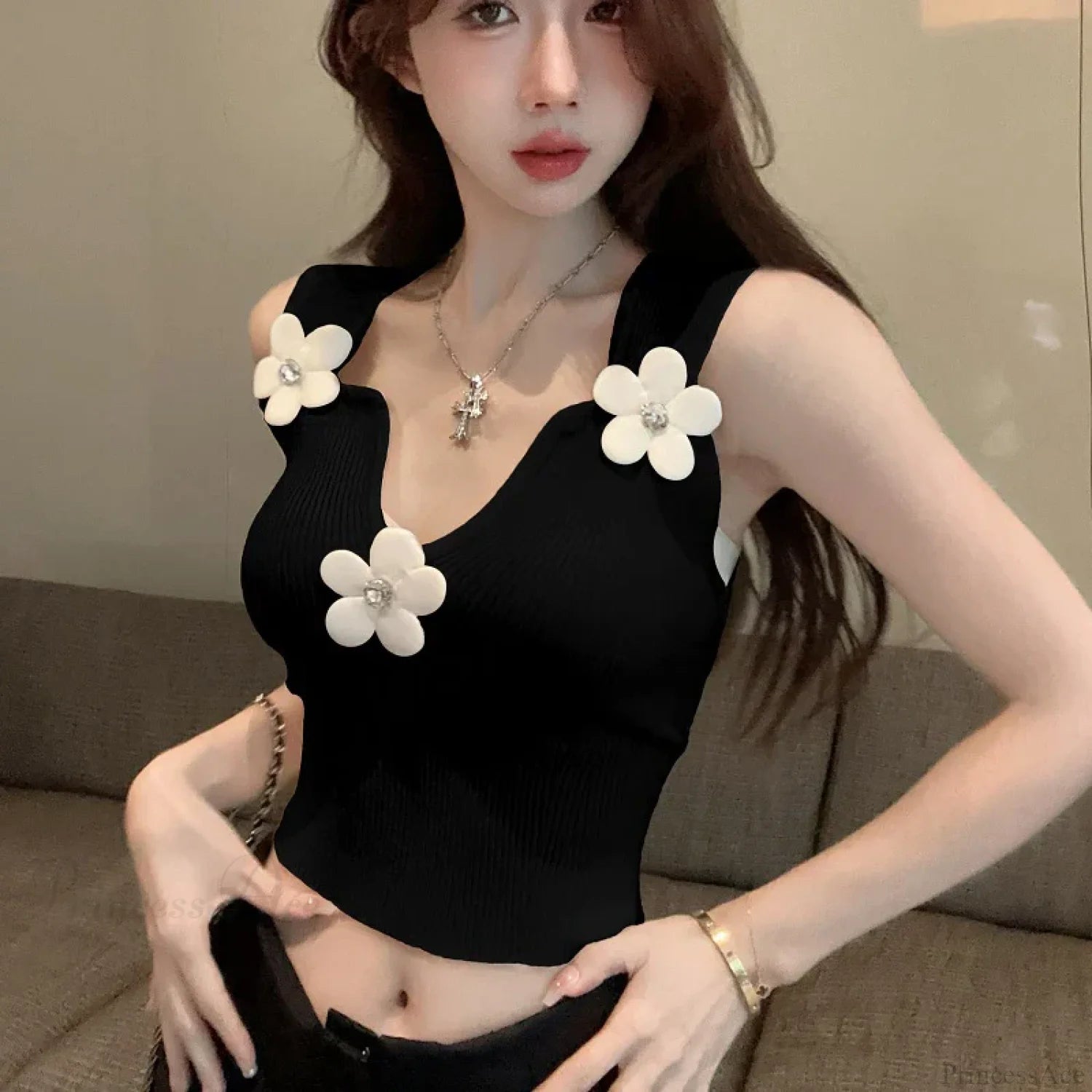 Korean 3D Floral Deep V-Neck Stretchy Crop Top croptop-250126