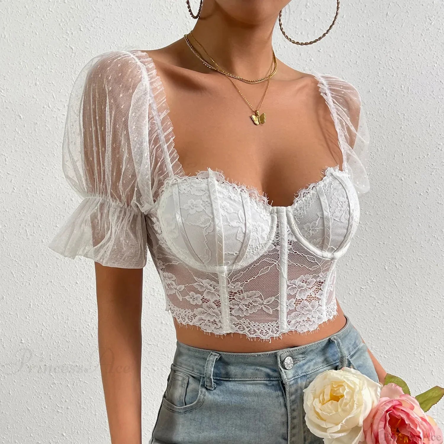 Korean Mesh Sheer Puff Sleeve Lace Crop Top croptop-250126