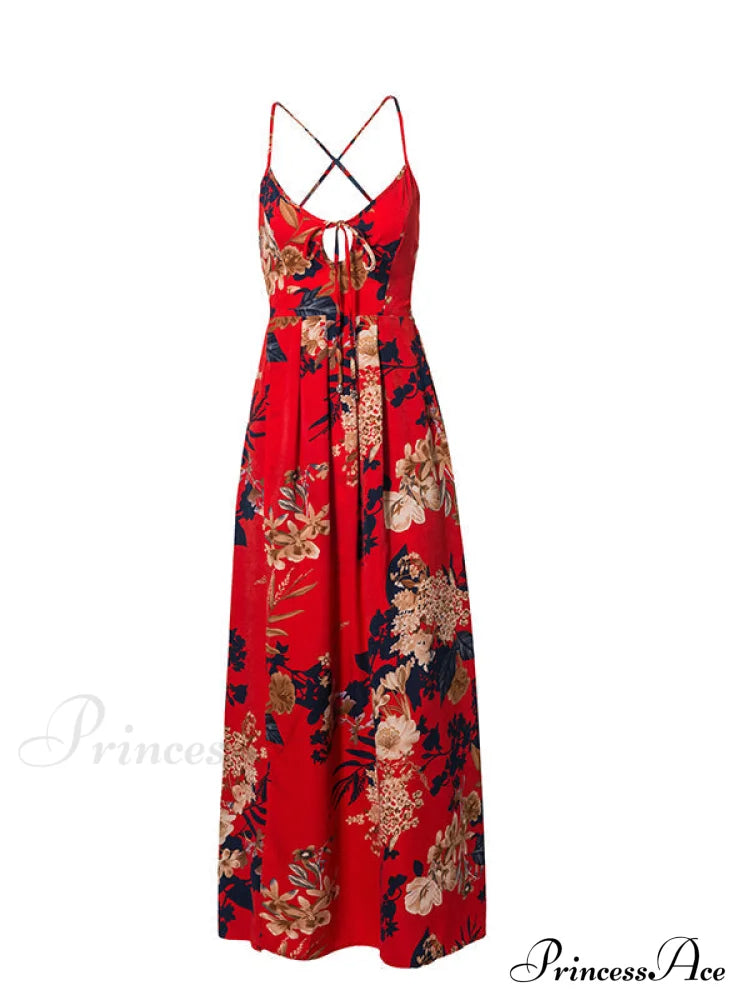 Lace Flowered Design Up Gown Full-Length V Neck For Women L / Red Dresses