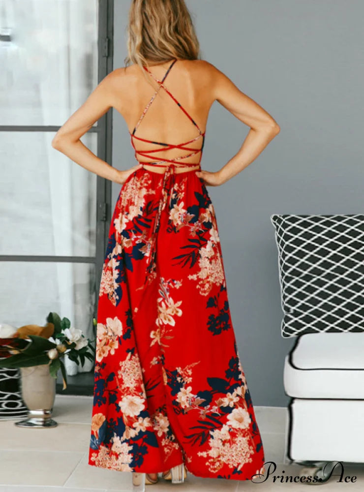 Lace Flowered Design Up Gown Full-Length V Neck For Women S / Black Dresses