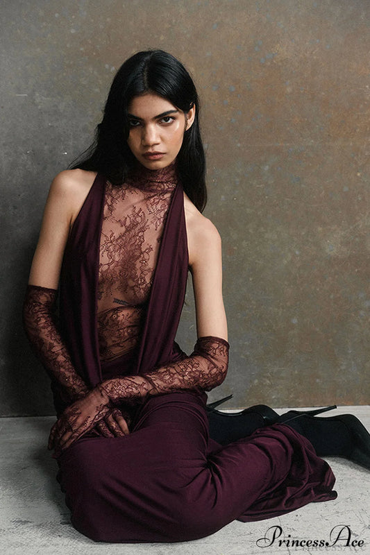 Lace Panel Halterneck Deep V Ruched Party Dress Purple / XS