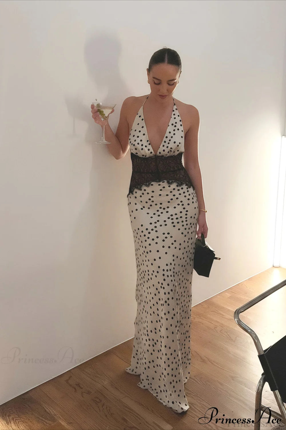 Lace Panel Polka Dot Eyelet Slip Maxi Dress