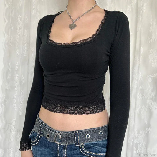 Lace Stitched Knit Top Black / S