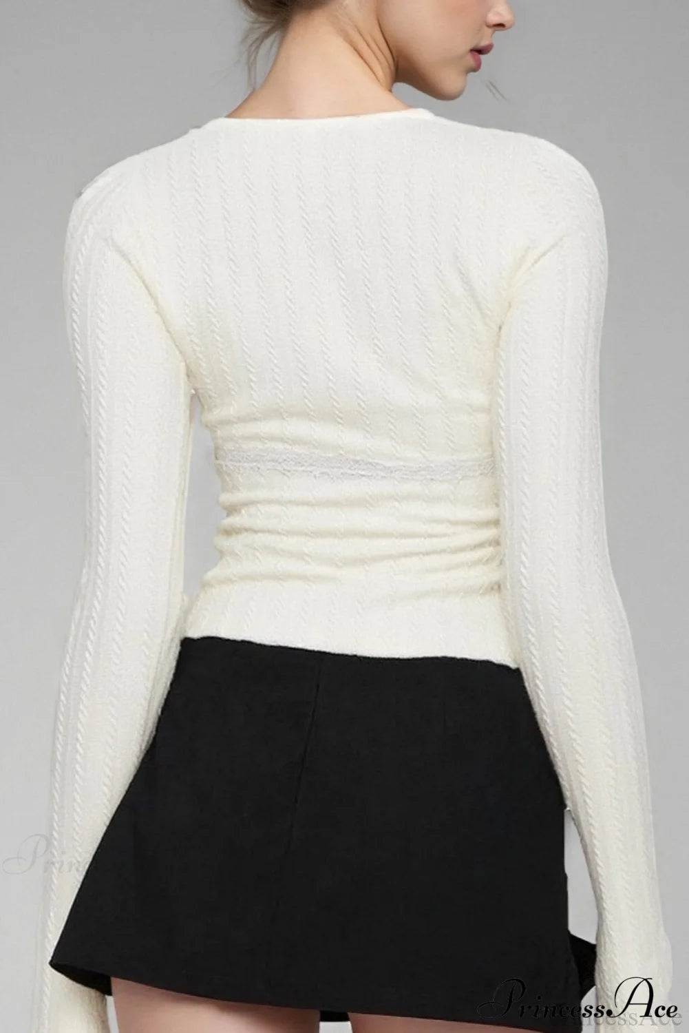 Lace Trim Fitted Cropped Long-Sleeve Knit Top