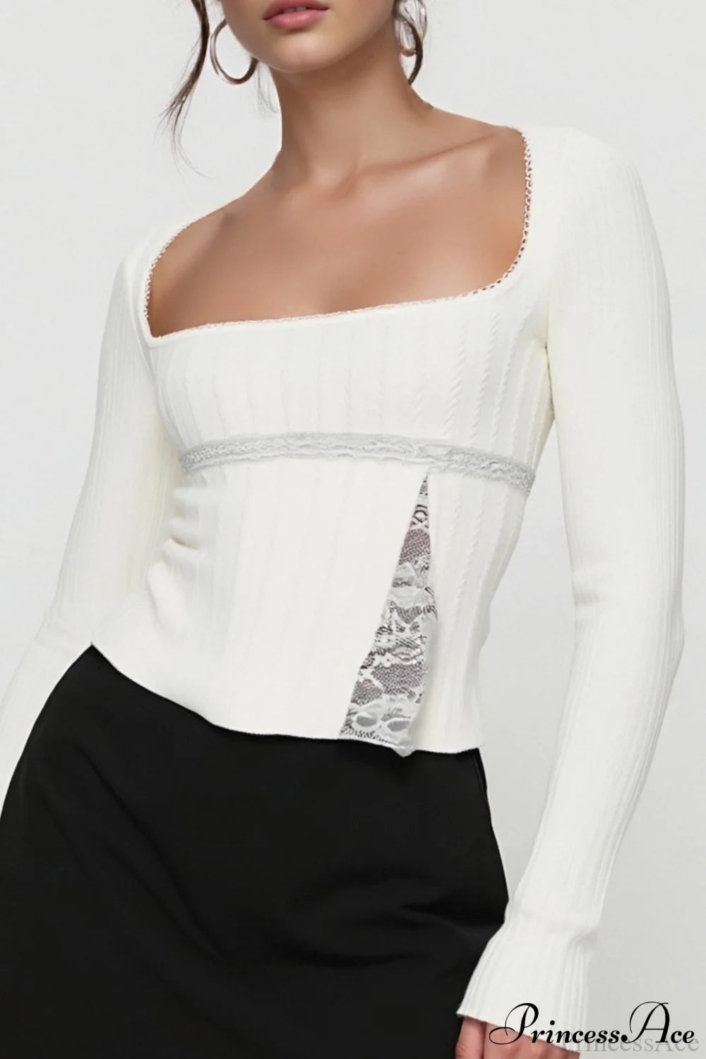 Lace Trim Fitted Cropped Long-Sleeve Knit Top