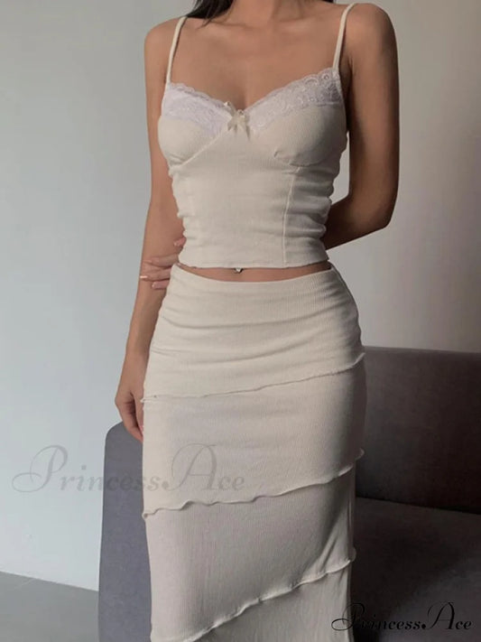 Lace Trim Ribbed Trendy Knit Crop Cami Top White / S Two-Piece Outfits