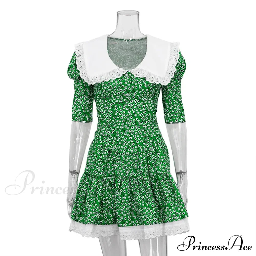 Lace-Up Slim Luxury Lace Turn Collar Short Sleeve Folds Es Femme Party Retro Lady Floral Dress