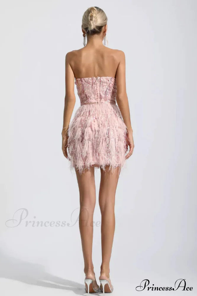 Lalia Pink Sequin Charming Feather Mini Dress