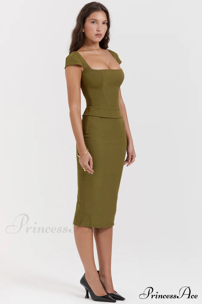 Layana Olive Stylish Corset Midi Dress L /