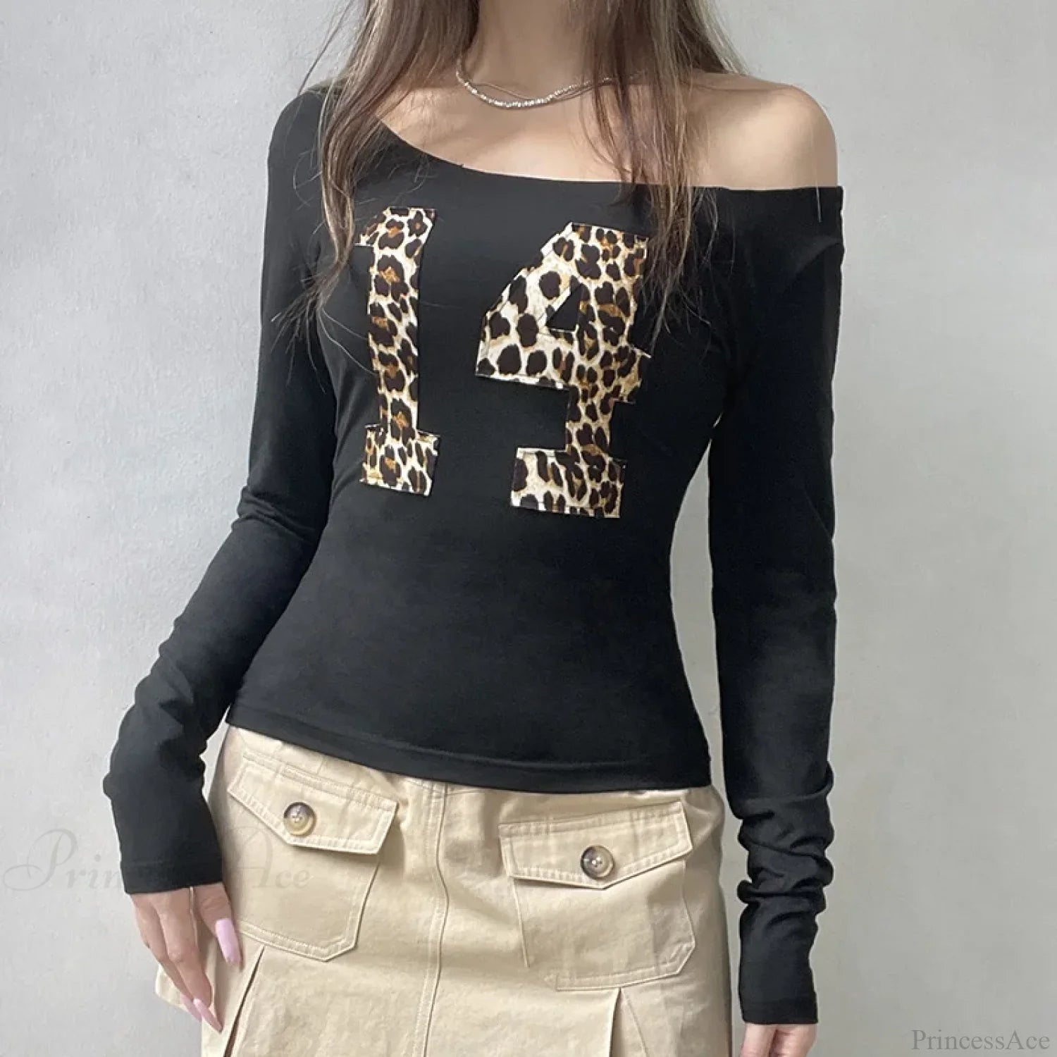 Leopard Off-shoulder Knit Top Black / S