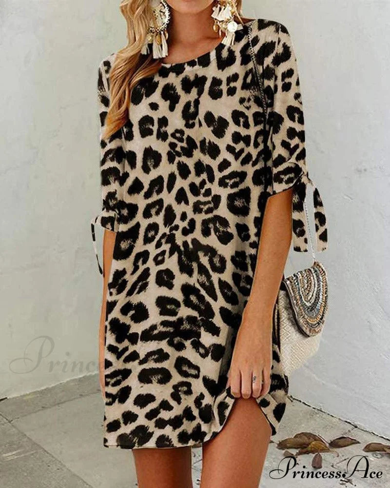 Round neck leopard print dress Khaki 2022 F/W 23BF Casual Dresses Clothes Dresses Spring Summer Vacation Dresses