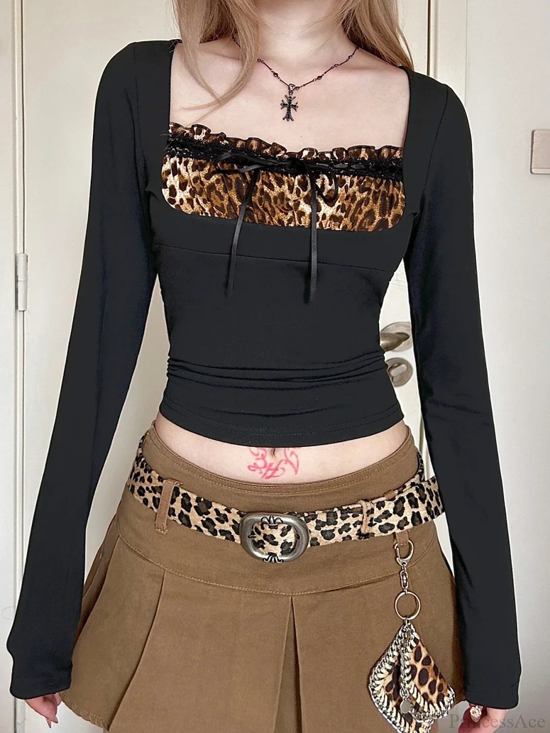 Leopard Square Collar Knit Top