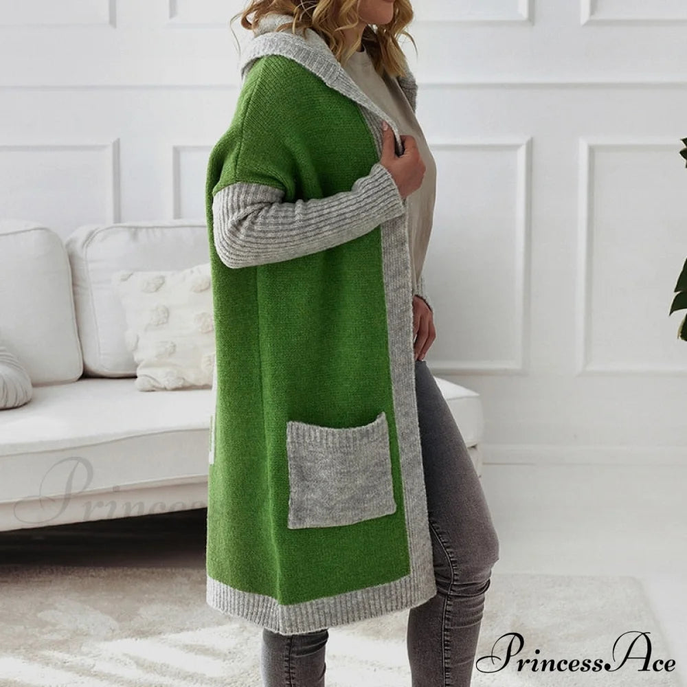 Letter Print Winter Warm Jacket Colorblock Hooded Cardigan 06 Green / S