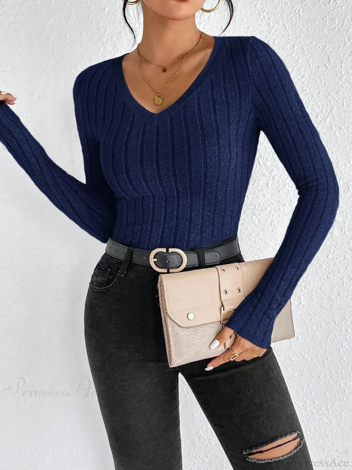 Light Luxury Simple Slim Comfortable V-Neck Pullover Top Women knittop-250126