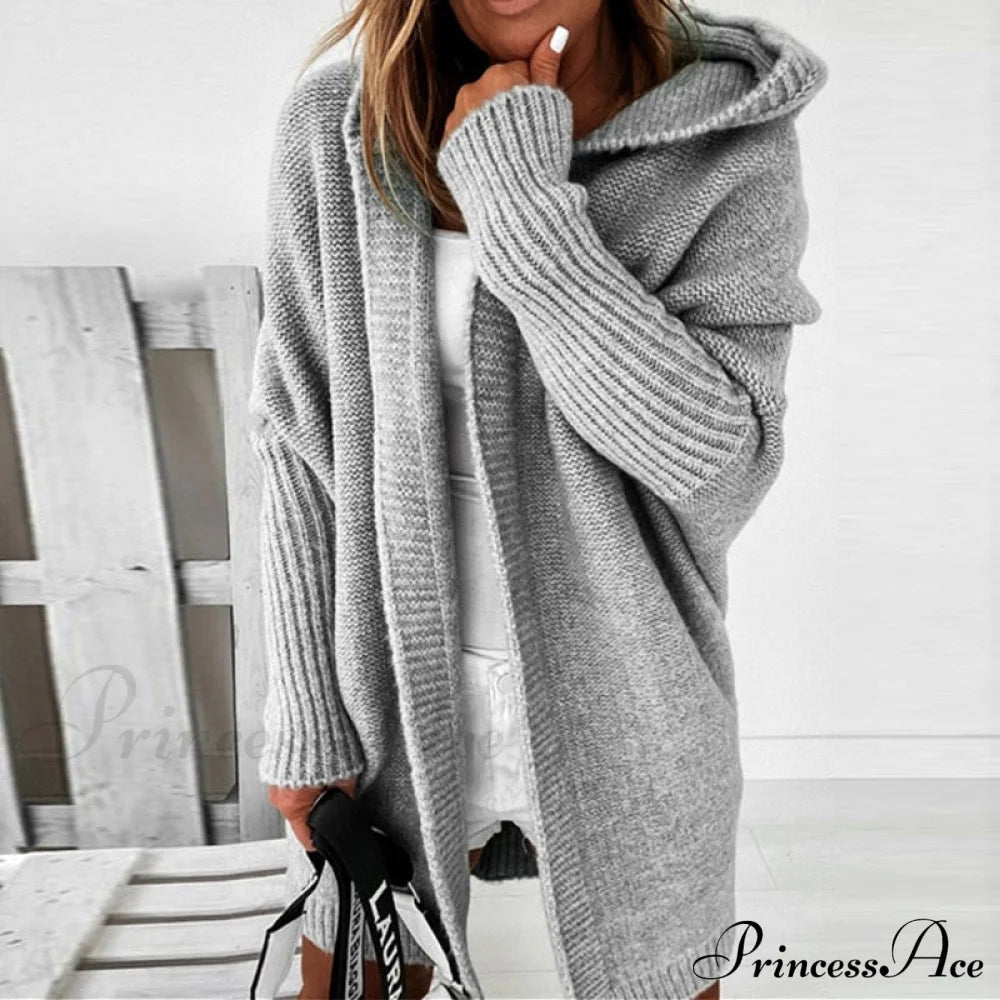 Long Hooded Cardigan Women Solid Color Braid Knit Overcoat
