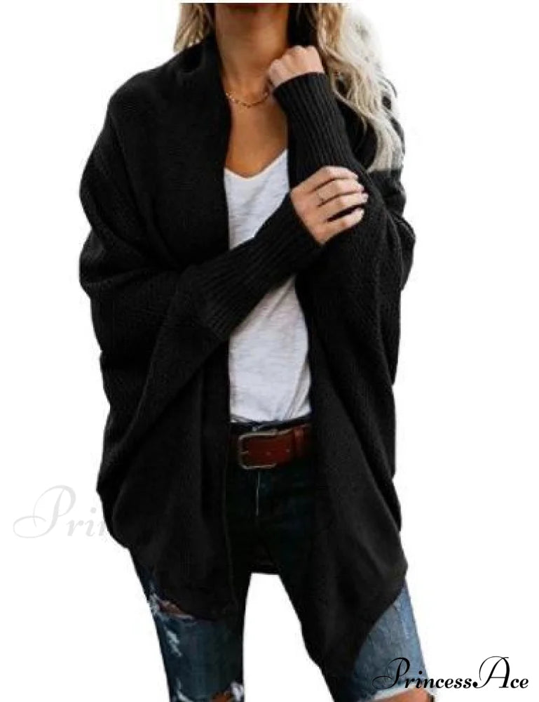 Long Knit Pocket Coat Female Casual Bat Sleeve Cardigan Black / S