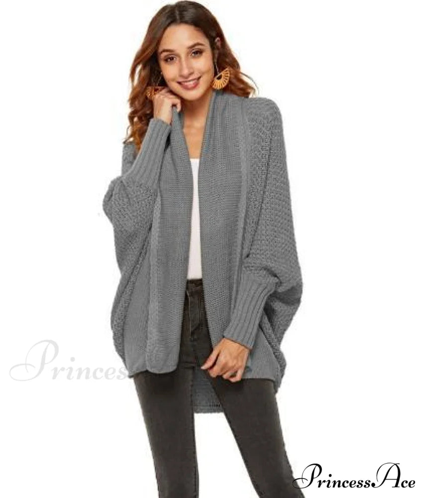 Long Knit Pocket Coat Female Casual Bat Sleeve Cardigan Dark Grey / S