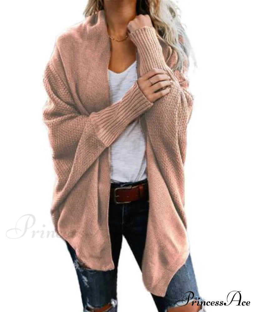 Long Knit Pocket Coat Female Casual Bat Sleeve Cardigan Pink / S