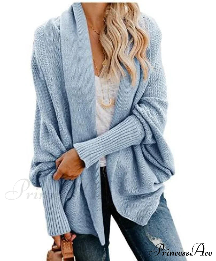Long Knit Pocket Coat Female Casual Bat Sleeve Cardigan Sky Blue / S