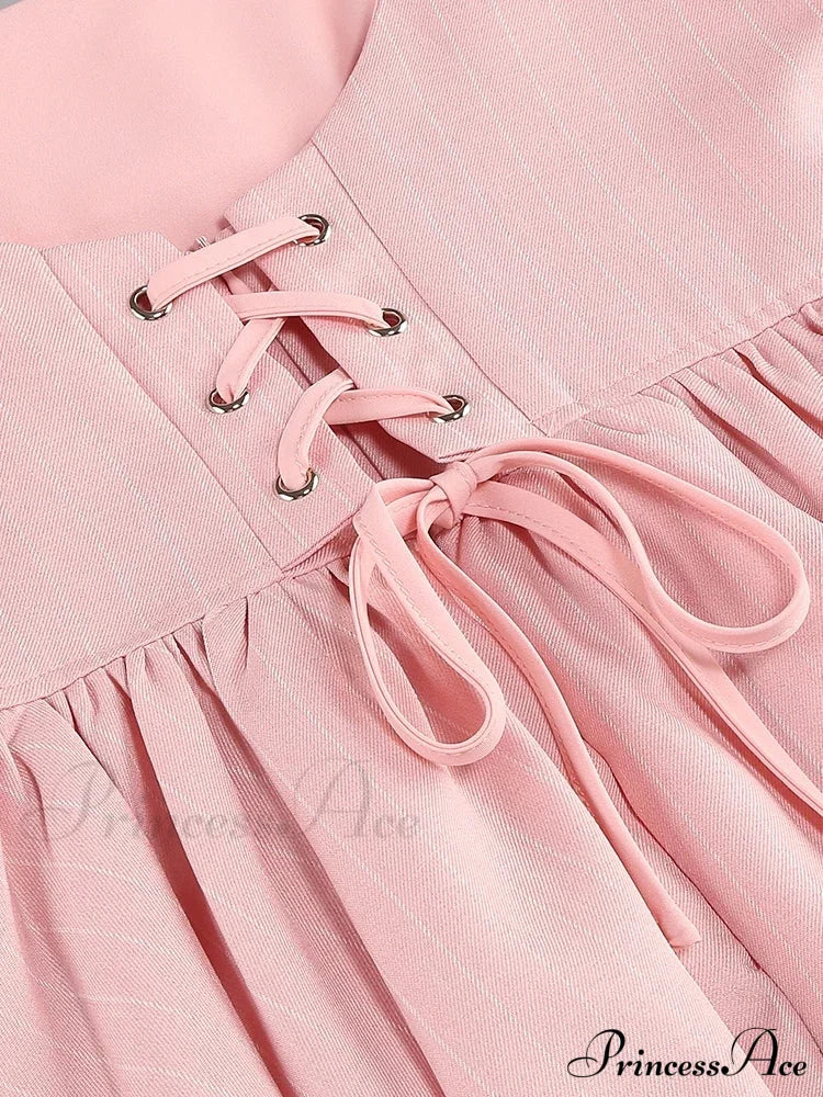 Long Puff Stripe Charming Sleeve Mini Dress Lace-Up