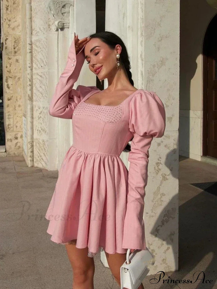 Long Puff Stripe Charming Sleeve Mini Dress Lace-Up