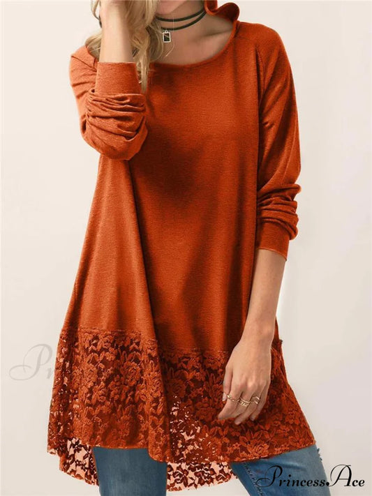 Long With Women Lace Patchwork Arm T-Shirt Hood Orange / M Tops