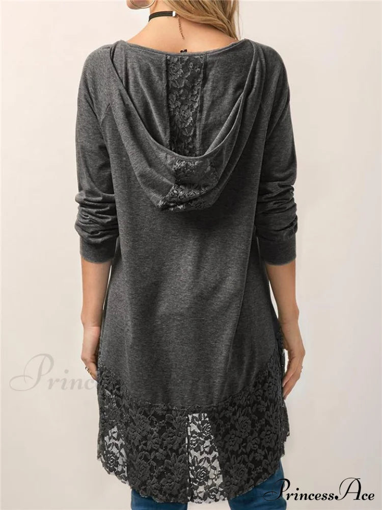 Long With Women Lace Patchwork Arm T-Shirt Hood Tops