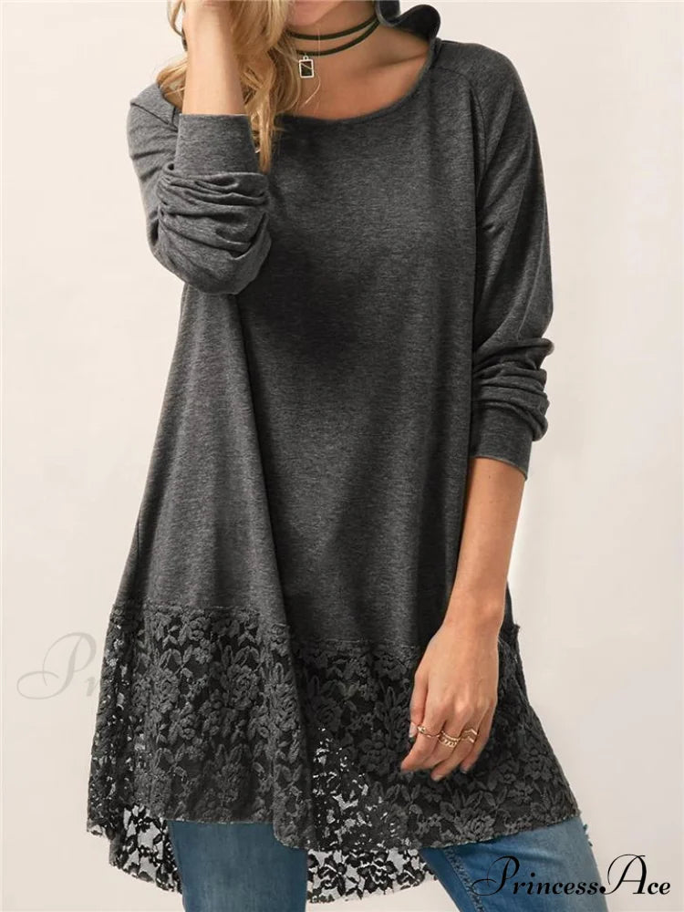Long With Women Lace Patchwork Arm T-Shirt Hood Tops