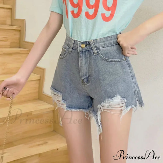 Loose Slimming Oversized Wide Leg Mesh Red A-Line Hot Black Denim Shorts Summer Jean Light Blue / S