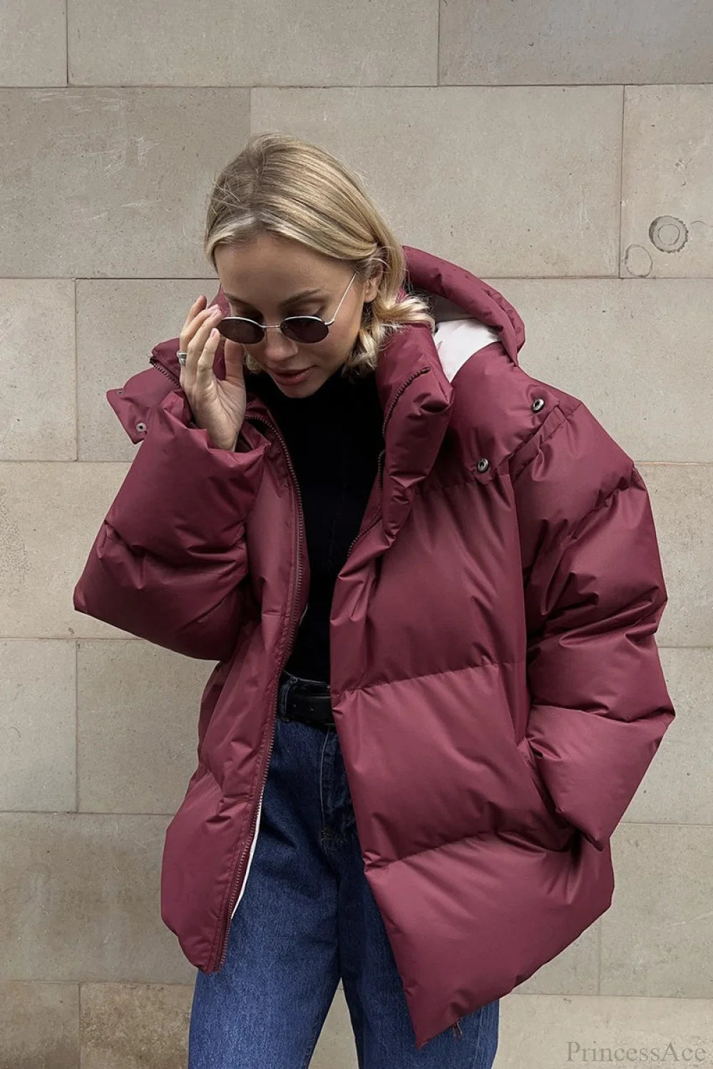 Loose Solid Minimalist Hooded Cotton Coat Burgundy / S