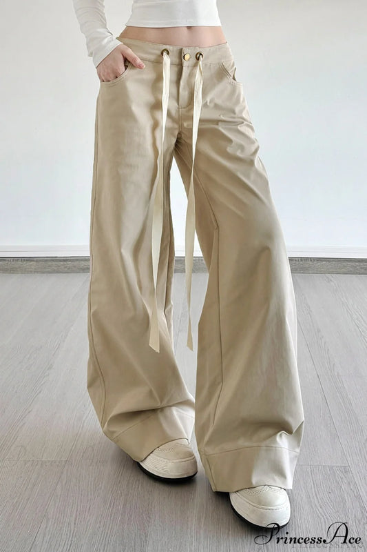 Loose Wide-Leg Drawstring Cargo Pants Khaki / S