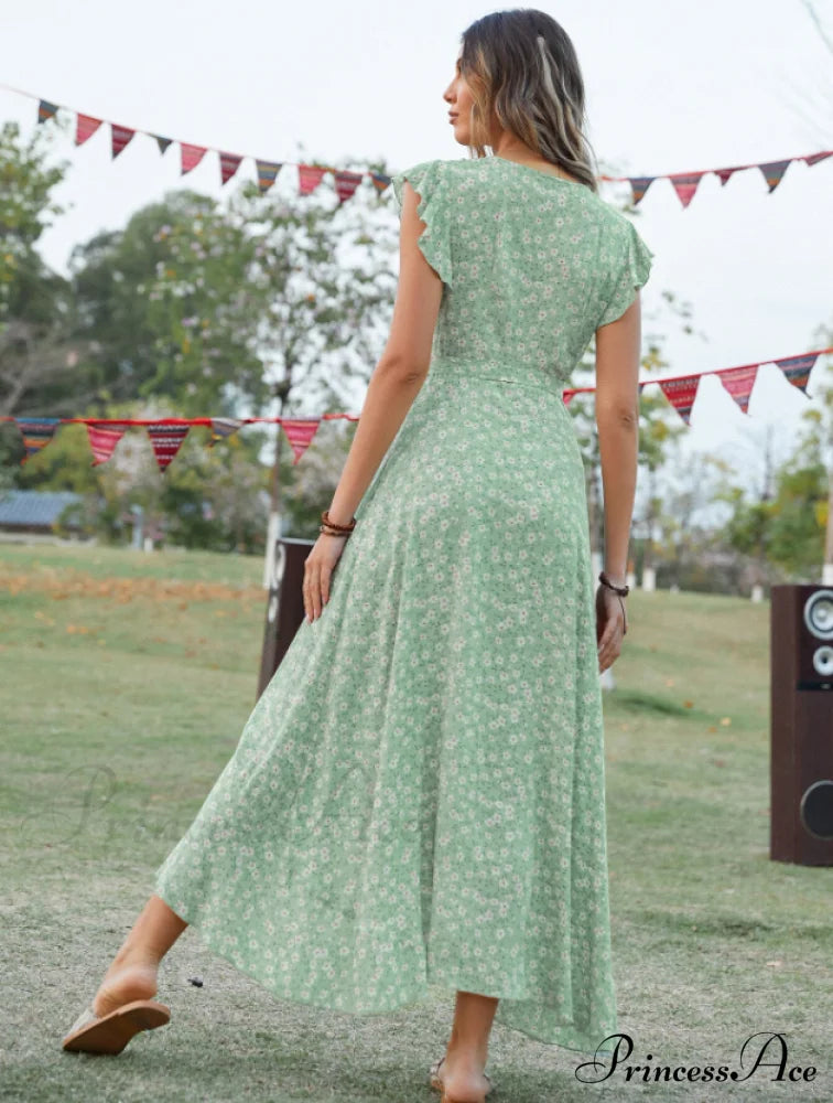 Lotus V-Neck Warm-Season Gown Coastal Low Sleeves Flowered High Straps Tank Foliage Dress M / Green